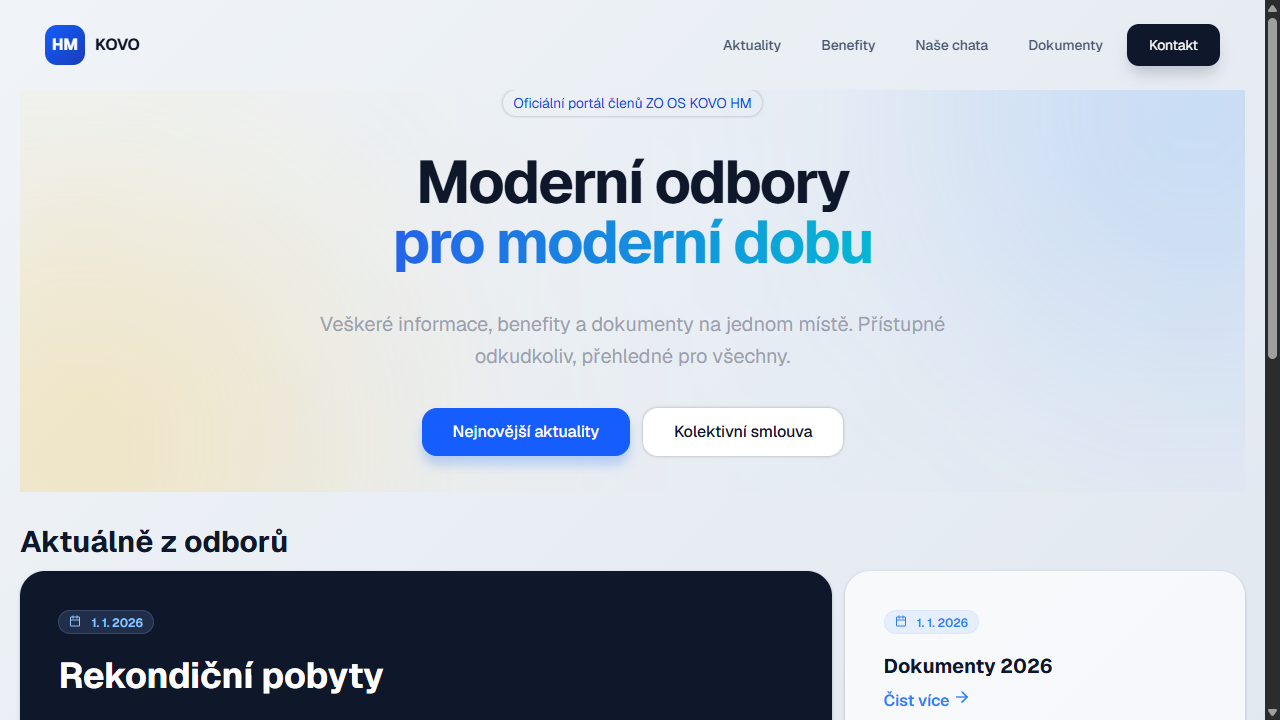 Úvodní obrazovka členského portálu HM KOVO